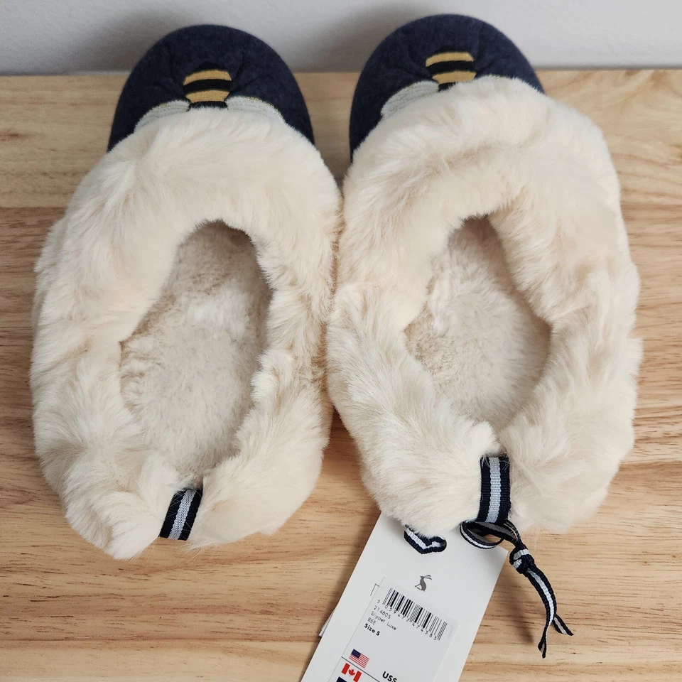 Joules Honey Bee Luxe Scuff Slip-On Slippers Blue Faux Fur Lining NWT - S 5/6 Foto 4 de 4