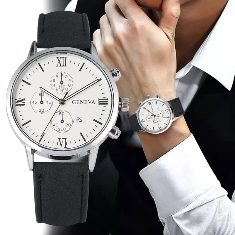 Men\'s Casual Watch Stainless Steel Case Leather Band Analog Quartz Sport  Watches | eBay