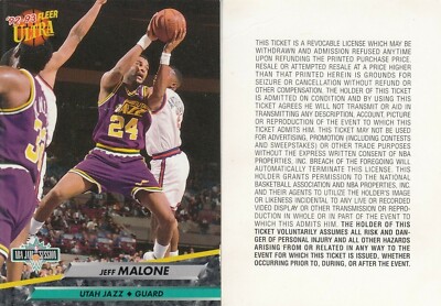1992-93 Jeff Malone Fleer Ultra All Star JAM SESSION TICKET STUB - Utah Jazz
