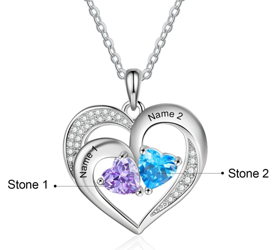 个性化双心吊坠母亲节项链 2-4 个名字和出生石 — 第 3/4 张图片