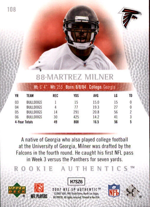 B0364- 2007 SP Authentic #108 Martrez Milner RC /1399 - NM-MT - Image 2 of 2