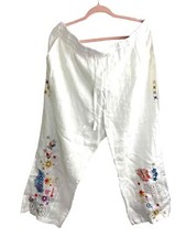 Johnny Was NWT Biya Womens White Linen Embroidered Drawstring Pants Size XL