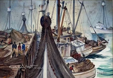 1940s San Pedro, CaLiFoRnia FISHING BOATS - NET MENDERS by Listed Regionalist