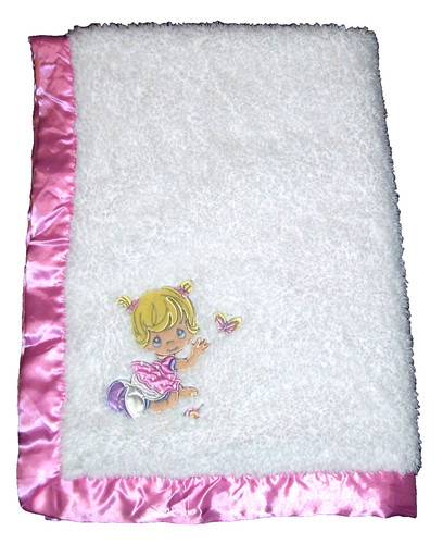Precious Moments Pink Baby Girl Applique Sherpa Blanket Stripe Satin Trim Lovey