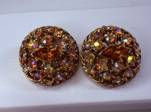 Vintage 1970’s M Jent Rhinestone Earrings Clip On Goldtone Beautiful Sparkly - Picture 2 of 6