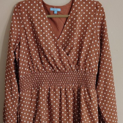 Draper James RSVP Polka Dot V-Neck Smocked Midi A-Line Dress Long Sleeve XL