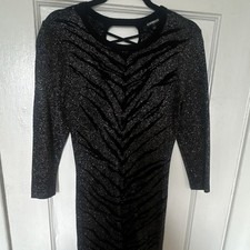 Express Black Silver Glitter Animal Print Bodycon Dress M 3/4 Sleeve Short