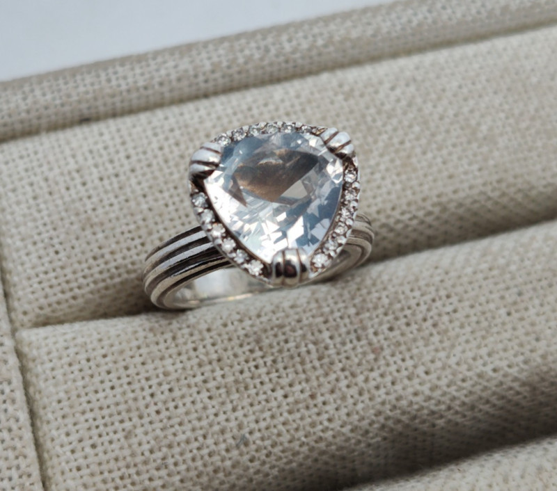 SLANE & SLANE Sterling Silver Big Goshenite/Beryl Diamond Halo Ring Size 7.5