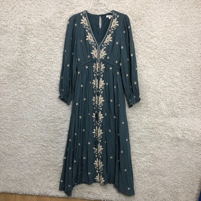 in loom Maxi Dress Medium Blue Womens Teal Embroidered Floral Long Sleeve Boho