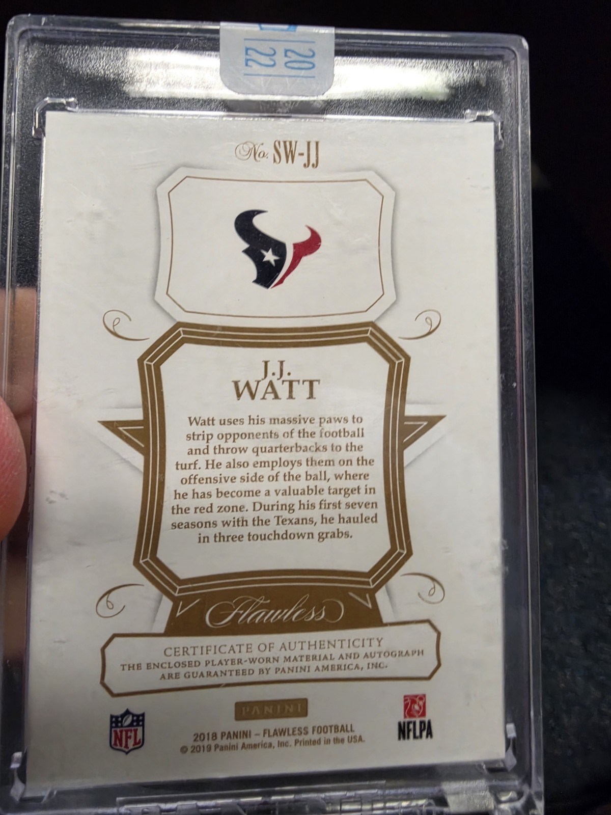J.J. JJ WATT 2018 PANINI FLAWLESS 2022 HONORS STAR SWATCH PATCH AUTO 1/1 view 2