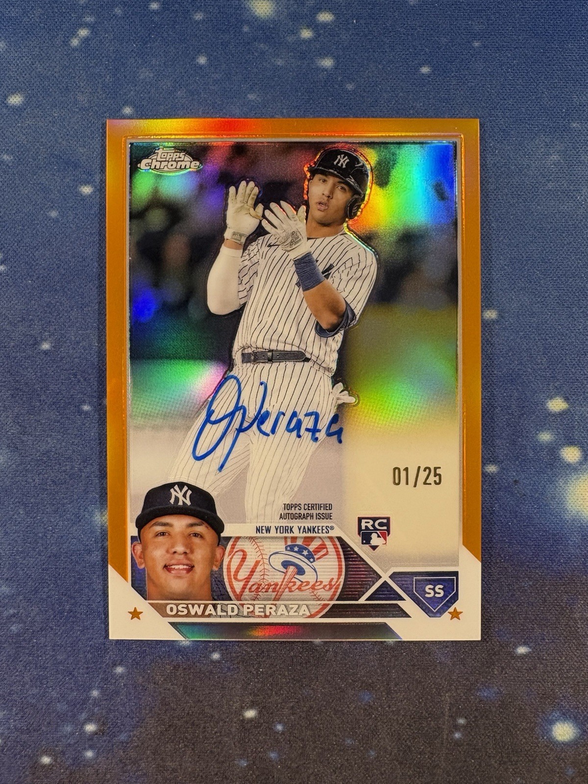 Oswald Peraza 2023 Topps Chrome #RA-OP Orange Refractor Auto 01/25 Rookie RC