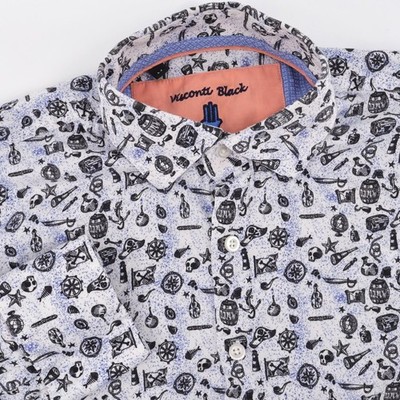 Visconti Nautical Pirate Print Button Down White Long Sleeve Shirt Mens Medium