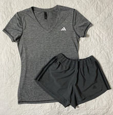 Women's adidas 3 Stripe Shorts  T-Shirt Set Outfit, Small, Gray
