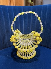 Vintage Handmade Safety Pin  Beaded Basket Yellow  White Easter Basket 12  
