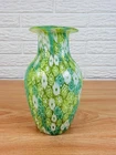 Murano Millefiori Art Glass Vase Gold Aventurine Pontil 7in Green/Blue/White Vtg