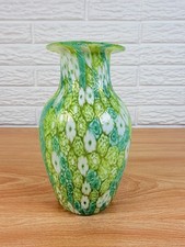 Murano Millefiori Art Glass Vase Gold Aventurine Pontil 7in Green/Blue/White Vtg
