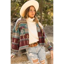 Gray Combo Aztec Tribal Native Western Button Up Shacket Flannel Shirt Jacket
