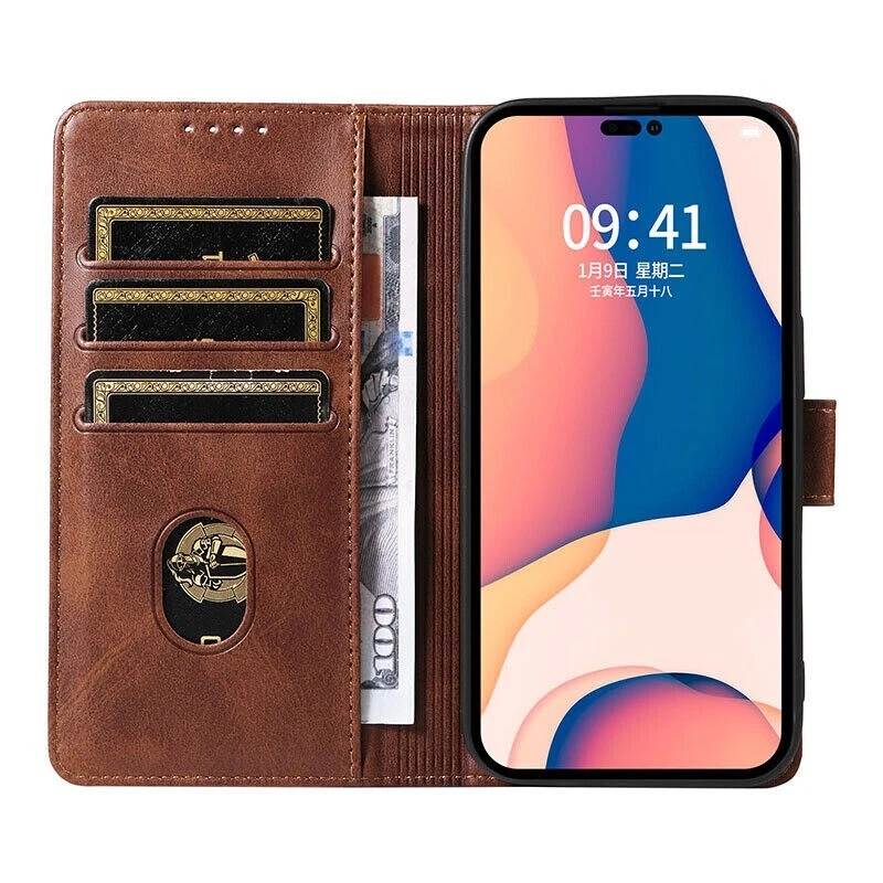 Funda tipo billetera de cuero magnética abatible para iPhone 16 15 14 Plus 13 12 Pro Samsung Foto 4 de 4