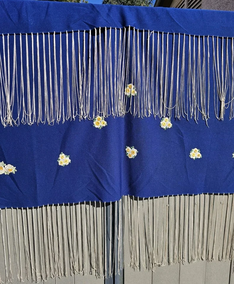Vintage Piano Shawl Cobalt Blue Floral Embroidered Flamenco Dance Fringe 60x60 - Image 3 of 4