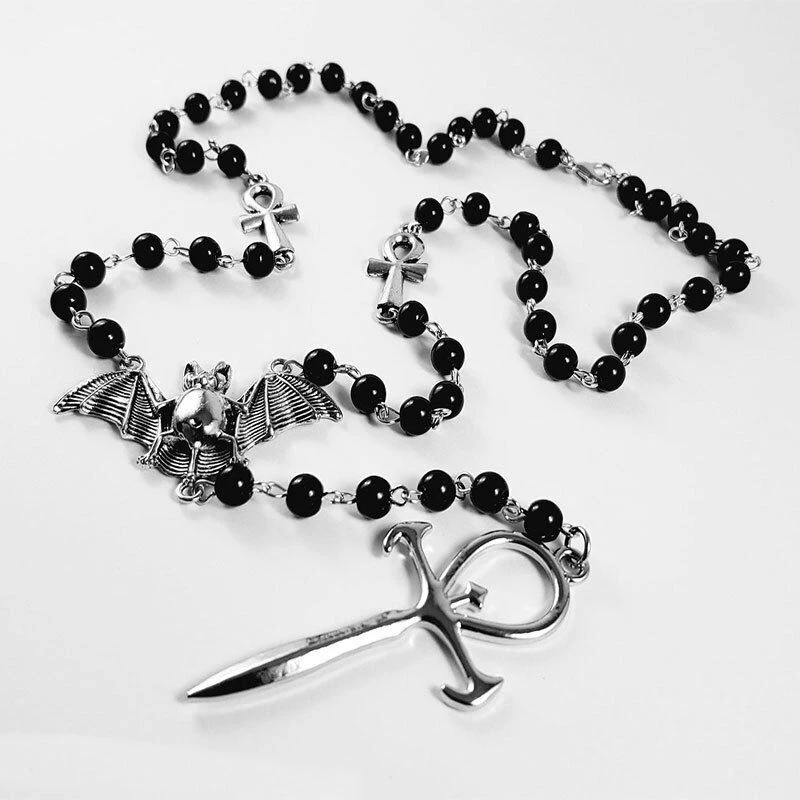 Vampire Ankh Rosary Occult Vamp Goth Beads Bat Gothic Jewelry