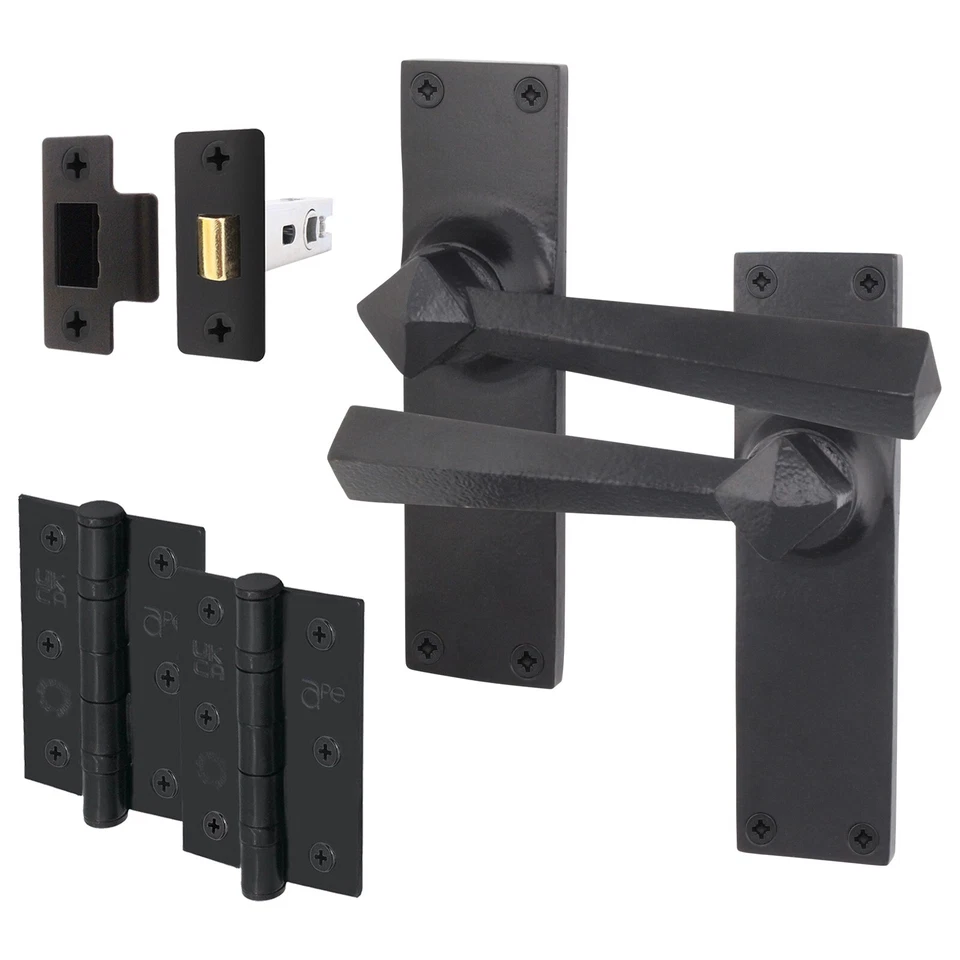 Black Iron Door Handle & Latch Set + Hinges Black Antique Tudor Latch Multipacks - Image 4 of 4