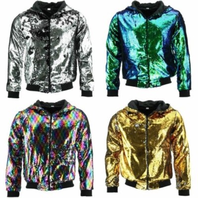 Glänzend Pailletten Kapuze Bomber Jacke Firefly Reißverschluss Glitzer Metallic