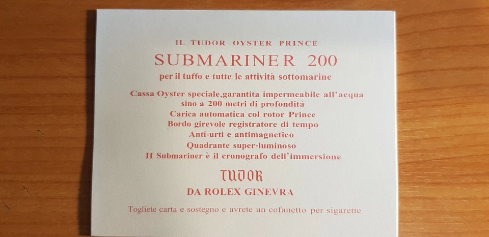 vintage Rolex Tudor Submariner 200 Cigarettes Inlet Card italian - Image 3 of 3