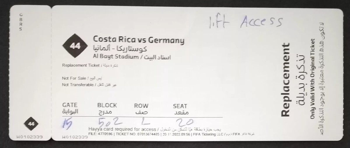Billet VIP Costa Rica Vs Allemagne Coupe Du Monde FIFA 2022 Qatar #44 - Occasion