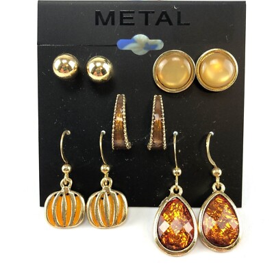 Kohl's Metal Earrings Fall Orange Pumpkins Pairs Gold Tone