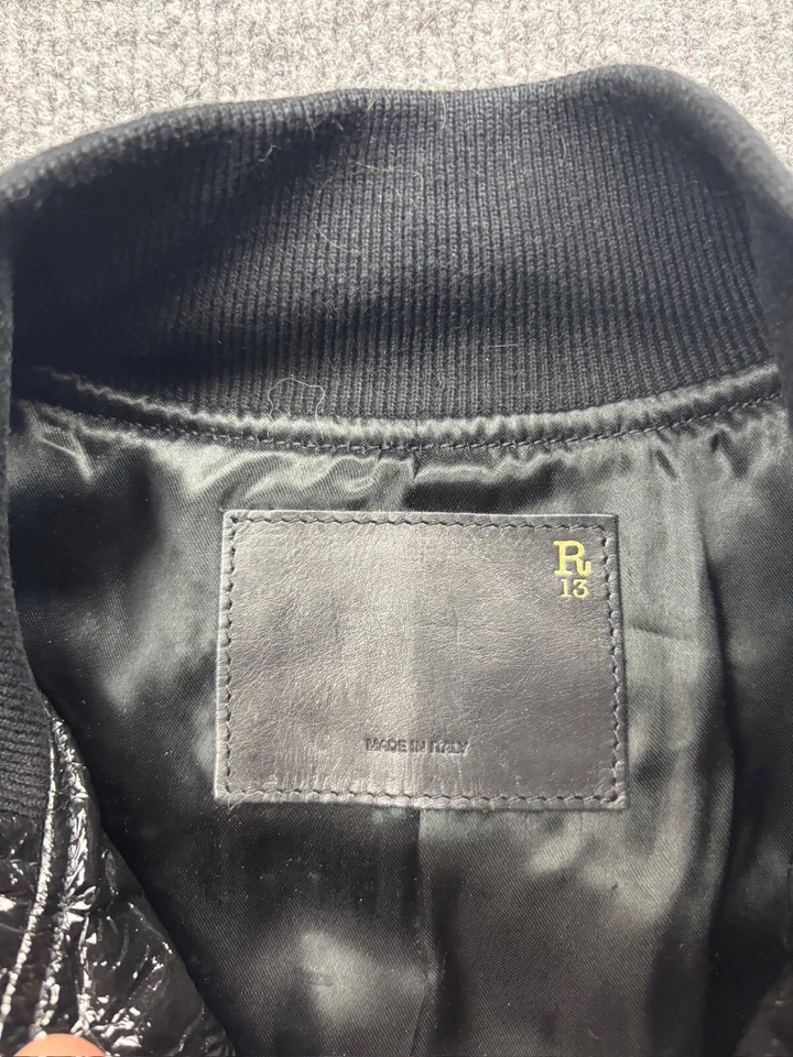 Chaqueta de cuero de piel de cordero R13 para mujer M negra charol cremallera completa bolsillos cuello falso Foto 2 de 4