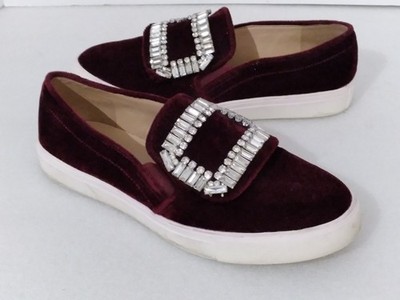 KARL LAGERFELD ERMINE 2 SLIP-ON SNEAKERS BURGUNDY VELVET CRYSTAL BUCKLE SIZE 6.5