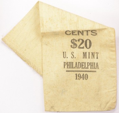 1940 1c Wheat Cent $20 Philadelphia Mint Cloth Bag