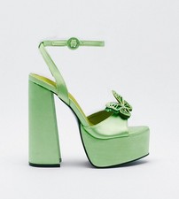 Nasty Gal, TRENDY Green satin butterfly 6" block heel ankle strap platforms SZ 9
