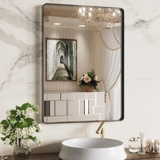 Black Bathroom Mirror 22X30 Inch, Rounded Rectangle Matte Black Bathroom Vani...