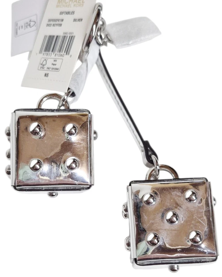 Michael Kors Bolso de Dados Dije Llavero Llavero Blanco Plata Multi 35F5SGFK1M Nuevo Foto 2 de 4