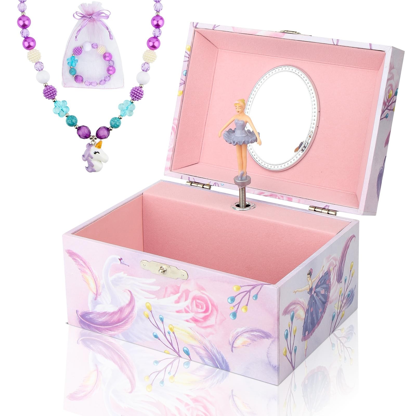 Homtibrm Musical Jewellery Box for Girls with Unicorn Jewelry Pink Ballerina