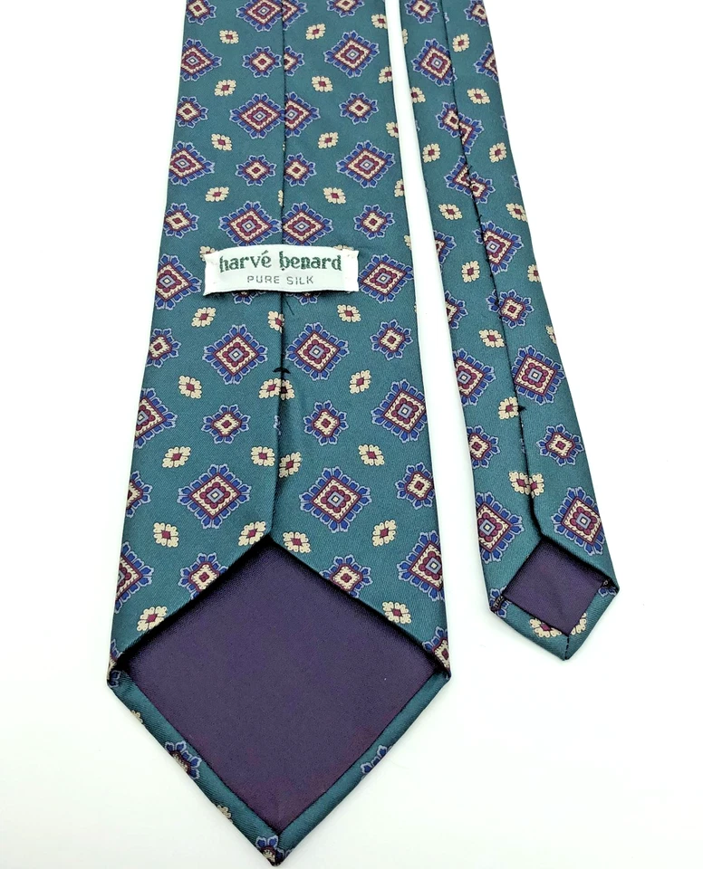 Corbata vintage Harve Bernard pura seda verde azulado estampado medallón 57"x3,75" Foto 3 de 4