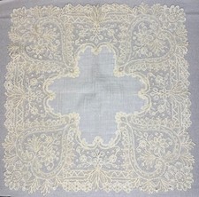 Antique Ecru Brussels POINT de GAZE Lace Wedding Handkerchief - 13  square