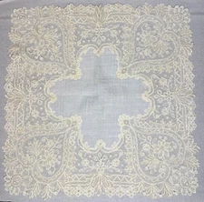 Antique Ecru Brussels POINT de GAZE Lace Wedding Handkerchief - 13” square