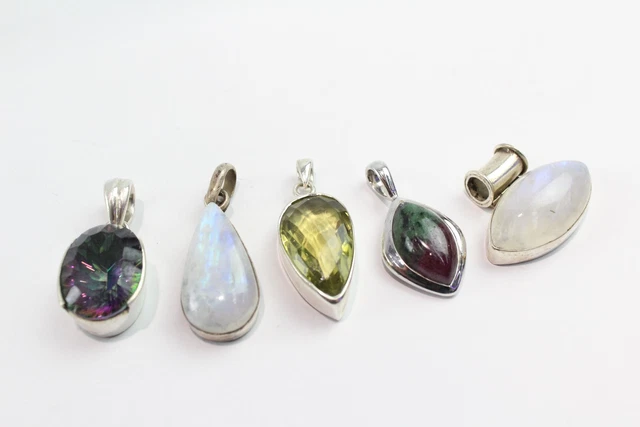 11 Sterling Silver Gemstone Pendants Moonstone Mystic Topaz Ruby Zoisite x 5