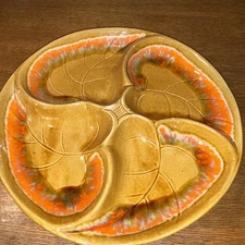 California pottery serving dish round 13" appetizer tray retro 60s orange gold