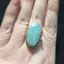 Silver Plated Pastel Blue Green Amazonite Gemstone Oval Statement Ring -Size 9.5