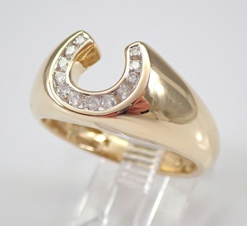 14K Yellow Gold Plated Real Moissanite Round Cut Men's Horseshoe Ring Silver - Picture 3 of 7
