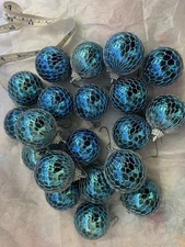 20 Christmas Ball Ornament Blue Mesh Fish Net Netted Plastic Vintage Shiny