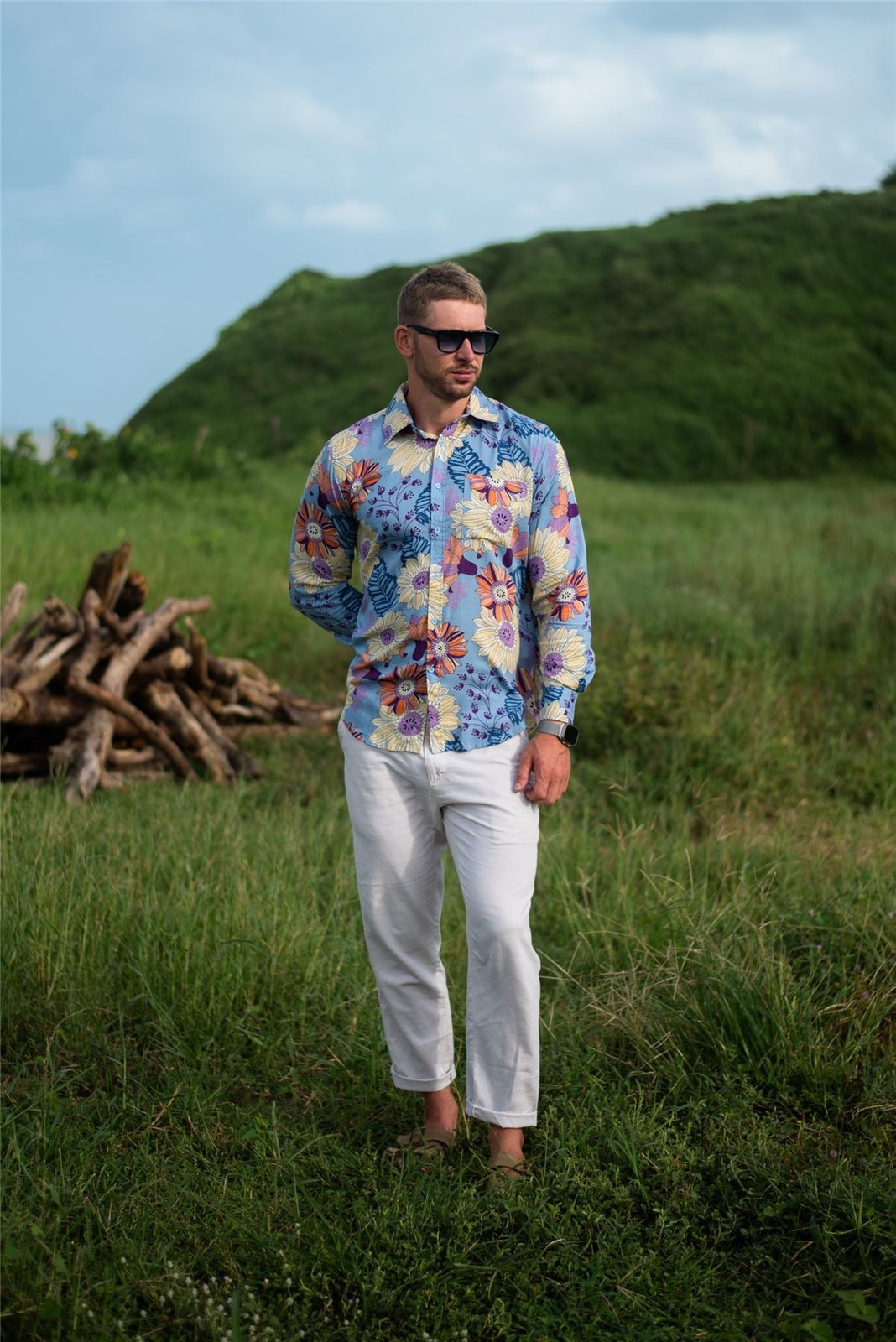 Camisa De Manga Corta Regular Para Hombre Con Estampado Floral Azul