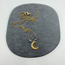 Gold Tone Hammered Crescent Moon Necklace with Gemstone Beads Celestial Boho