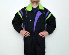 Retro vintage 80s men Ski Suit neon One Piece Snowsuit size men Large