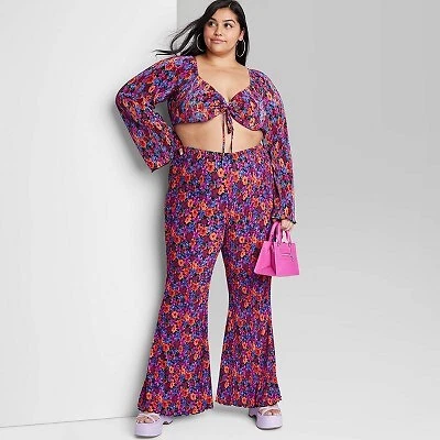 Women's High-Rise Plisse Flare Pants - Wild Fable Pink Floral XXL