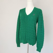 Vintage Y2K Ralph Lauren Sport Pony Cotton Cable Knit V-Neck Sweater Green Sz.L