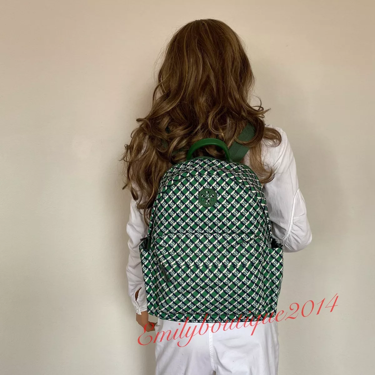 New Tory Burch Green Saffiano leather backpack